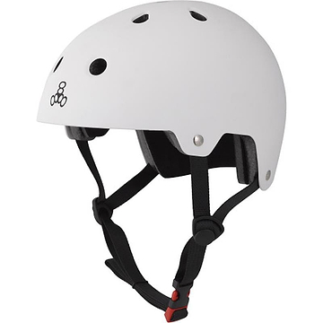 The Triple 8 Dual Certified Skate/Scooter Helmet in white has air vents, a black adjustable chin strap, and a simple side logo with three overlapping circles. It features Sweatsaver Fit Pads for enhanced comfort.