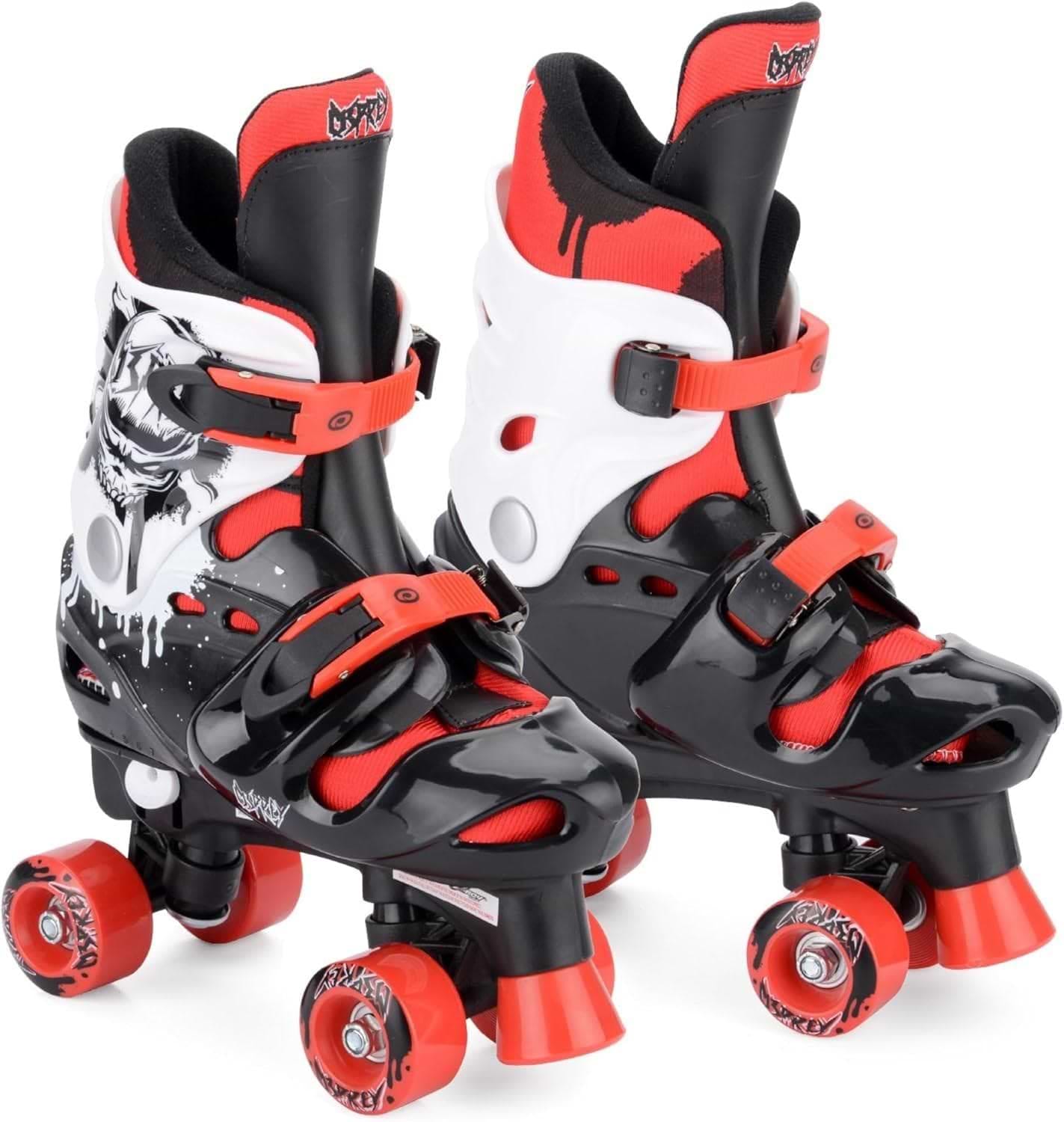 Osprey Skull Adjustable Quad Roller Skates - Red feature bold skull graphics, red wheels, and adjustable red straps—perfect for kids seeking style and comfort. Displayed on a white background.