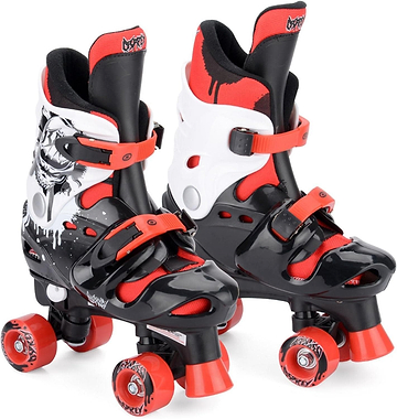 Osprey Skull Adjustable Quad Roller Skates - Red feature bold skull graphics, red wheels, and adjustable red straps—perfect for kids seeking style and comfort. Displayed on a white background.
