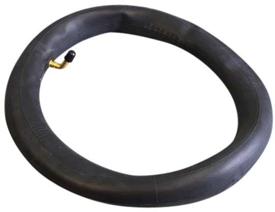 The Revvi Electric Bike Replacement Inner Tube - 12", by Revvi, is a black rubber inner tube with a brass valve stem, ideal for Revvi electric bikes or motorcycles, displayed on a white background.