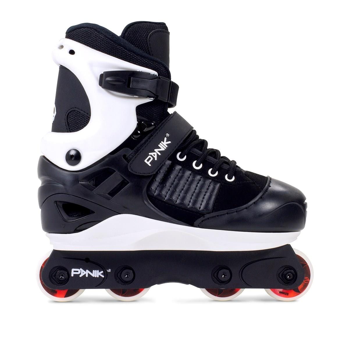 The Anarchy Panik III Adjustable Junior Aggressive Inline Skates - Black offers high ankle support with a lace-up front and buckle. It features four red wheels and "Panik" branding on the frame and sides, designed for both performance and style.