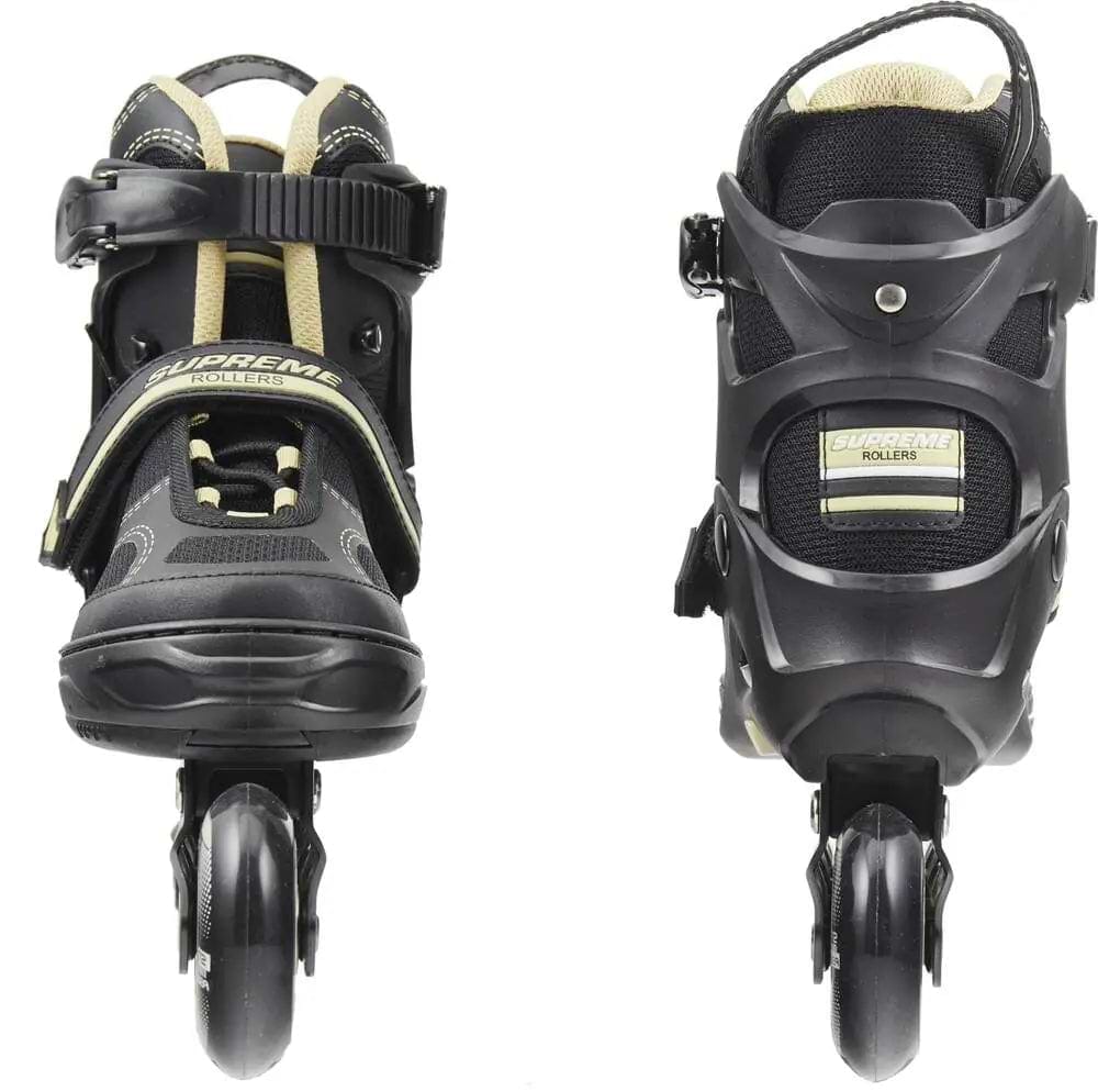 Supreme Venice Adjustable Kids Inline Skates by Supreme in black and gold, shown front and back with adjustable sizing straps, protective padding, and a visible single front wheel—ideal for beginner skaters.