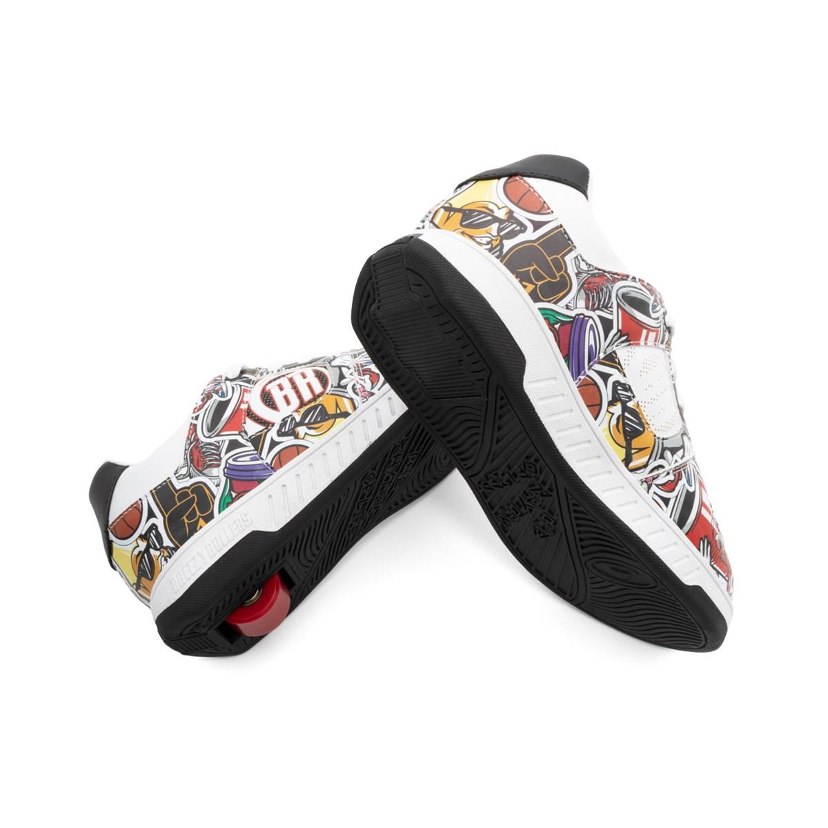 A pair of Breezy Rollers Groovy Shoes - Cartoon by Breezy Rollers, featuring white sneakers with black soles, colorful abstract graffiti prints, and a patented wheel system—one shoe stands upright as the other leans against it.