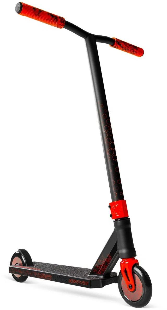 The Madd Gear Viral Rave Complete Stunt Scooter - Inferno features red handlebar grips, red wheels, and a textured black deck. Ideal for tricks and daily rides, this MGP kids scooter is shown against a white background.