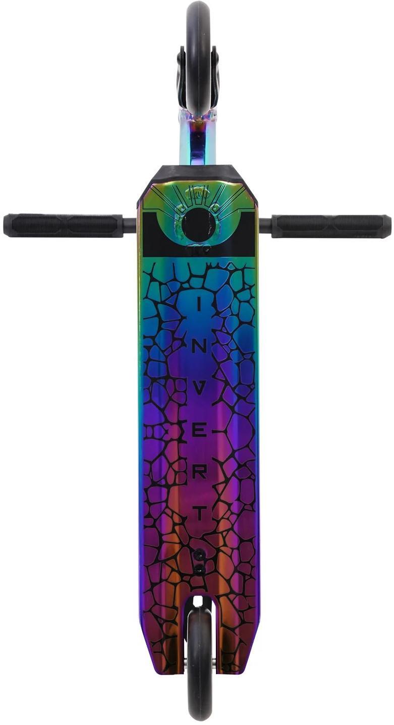 Top view of the Invert Supreme 2-8-13 Complete Stunt Scooter - Neochrome, featuring a cracked pattern deck, black handlebars, and "INVERT" branding. Perfect for kids ages 8–13, this park scooter has two black wheels—one at each end.