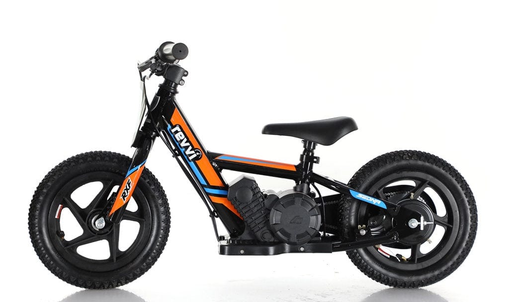 Introducing the Revvi 12" Kids Electric Balance Bike in orange, a compact black model perfect for young riders. This electric balance bike features training wheels and an integrated electric motor. It boasts striking orange and blue stripes on the frame, with "Revvi" prominently displayed against a white background. The twist throttle ensures effortless control for your little ones.