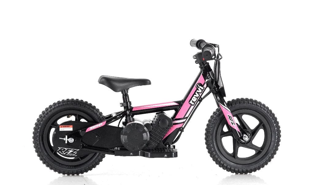 The Revvi 12" Kids Electric Balance Bike in Pink is a small, sturdy black and pink motorbike designed by Revvi. It features knobby tires and a padded seat, offering a minimalist design that is ideal for young children learning to balance and ride with confidence.