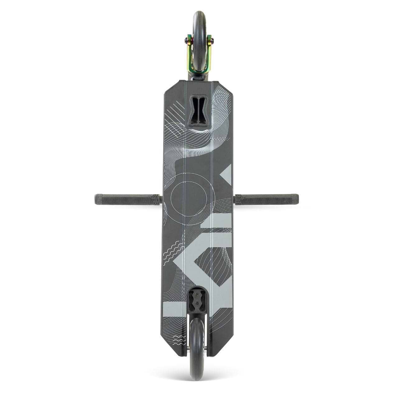 Top view of the Madd Gear MG 5 Axion Complete Stunt Scooter by MGP in Black/Neochrome, featuring a geometric gray deck, two wheels at each end, and horizontal handlebars—a sleek example of action sports design.