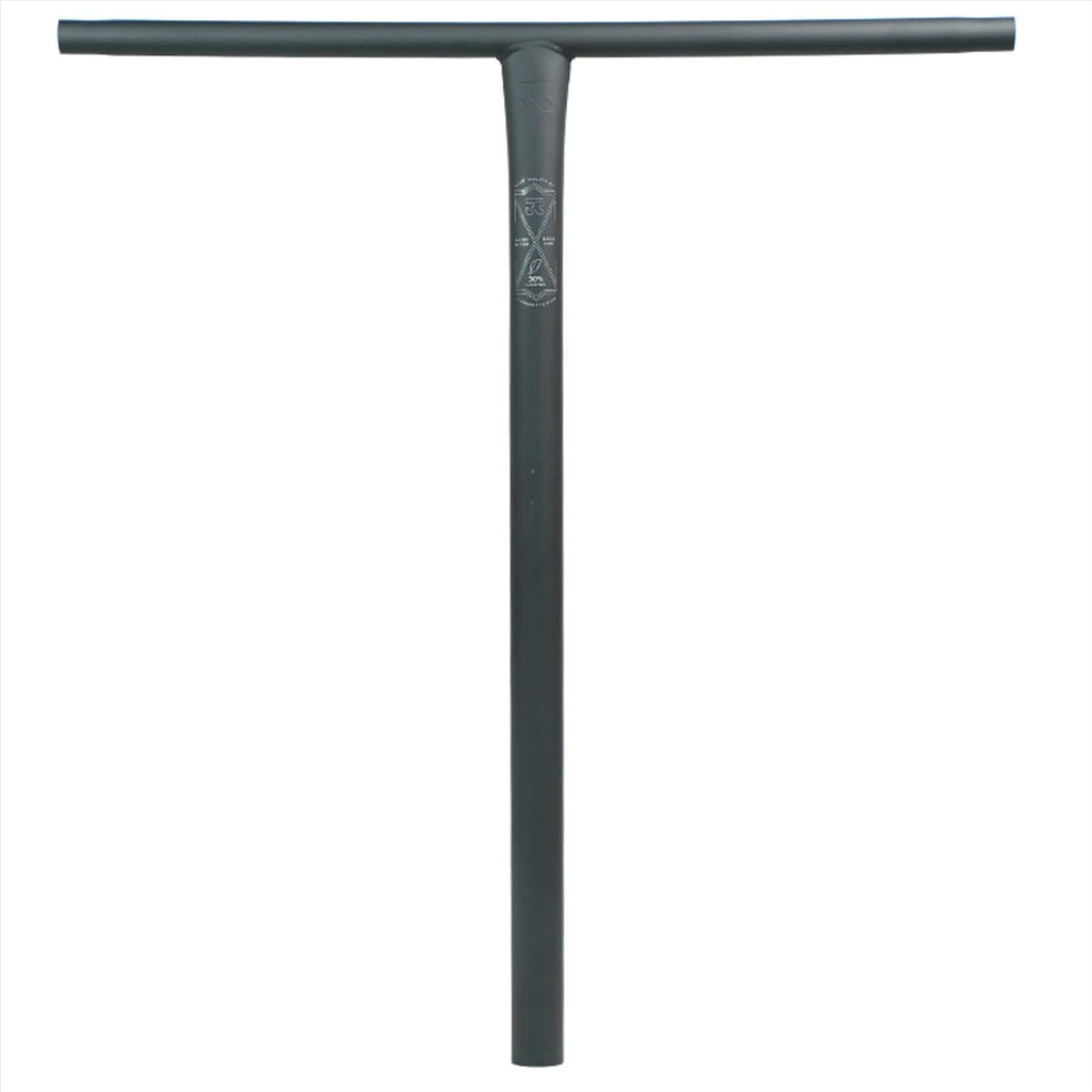 Introducing the Root Industries ChromoLite Steel Oversized HIC Stunt Scooter T-Bars in Black, measuring 620mm x 600mm. These T-shaped handlebars are crafted for durability, featuring a sleek and simple design with a logo at the center junction, offering exceptional strength with lightweight chromoly for enhanced performance.