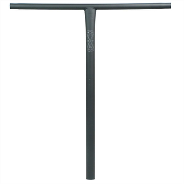 Introducing the Root Industries ChromoLite Steel Oversized HIC Stunt Scooter T-Bars in Black, measuring 620mm x 600mm. These T-shaped handlebars are crafted for durability, featuring a sleek and simple design with a logo at the center junction, offering exceptional strength with lightweight chromoly for enhanced performance.