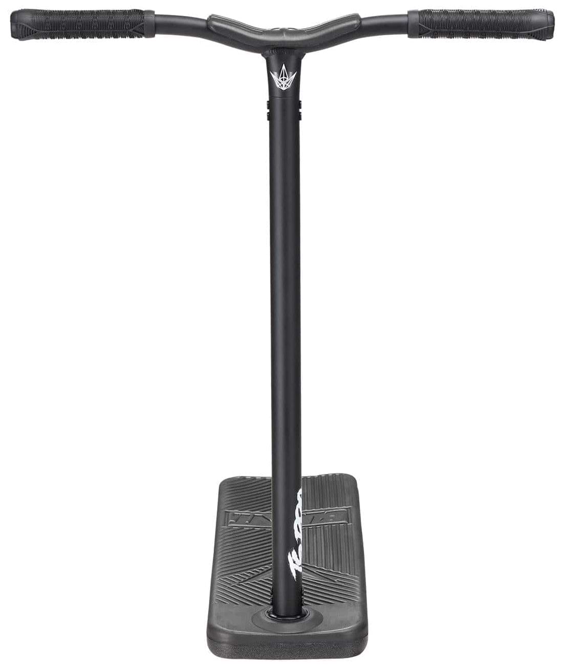 Front view of a black Blunt Envy TS Pro 7.5 Indoor Trampoline Stunt Scooter featuring two handlebars and a rectangular base. The base, similar to that of the Training Scooter Pro, has a textured surface for enhanced grip, while the rubber-coated handlebars improve control. This scooter's sleek design highlights functionality and balance.