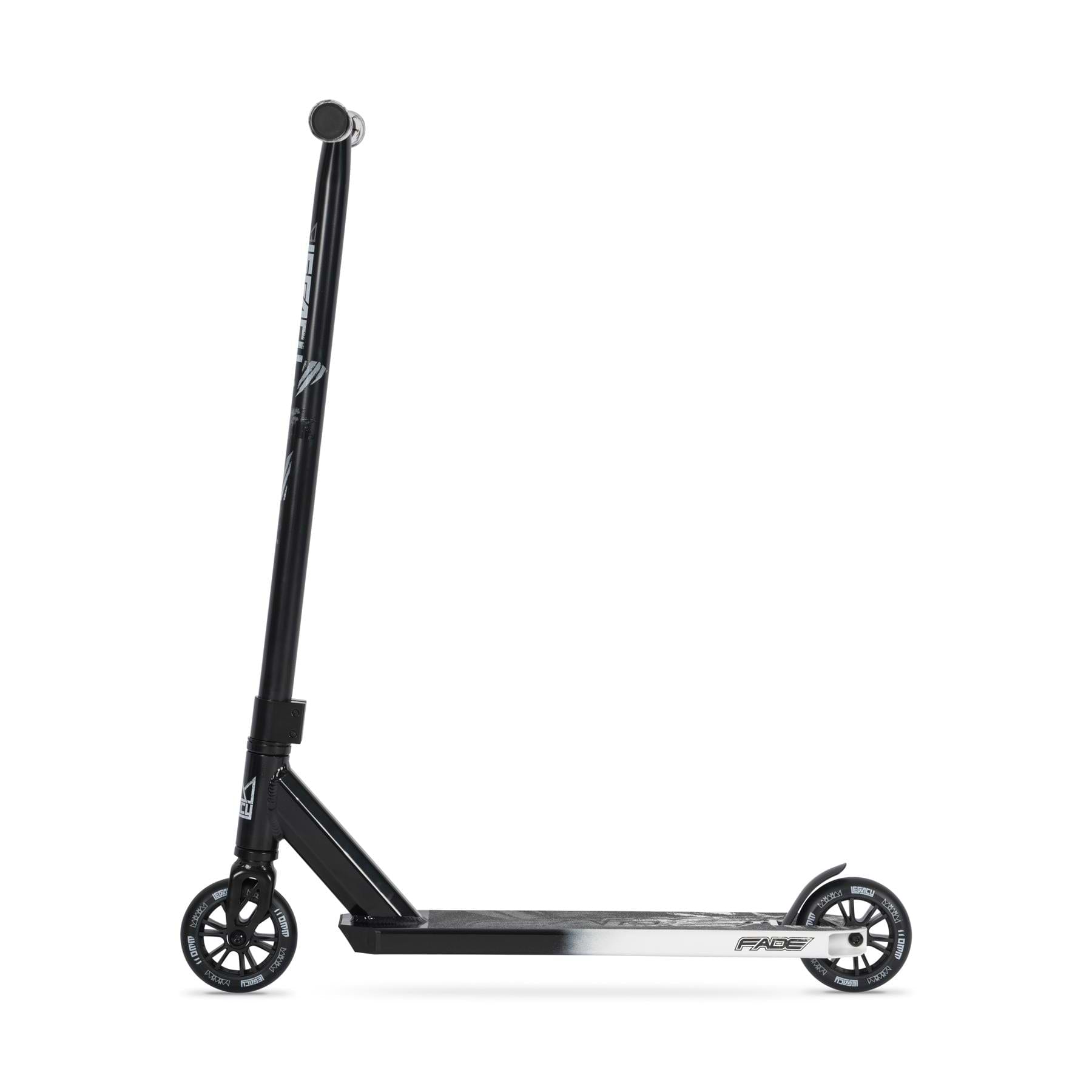 The Legacy Fade Complete Stunt Scooter by Legacy in black and grey features a straight handlebar, two black wheels, and a sleek, minimalistic design, displayed from the side against a white background.