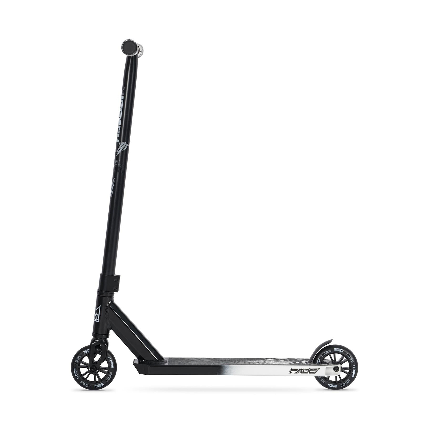 The Legacy Fade Black / Grey Stunt Scooter Starter Bundle by Legacy features a long handlebar, two small wheels, and a sleek deck in black and silver, shown in side profile on a white background.