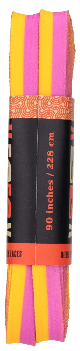 Criss Cross X Derby Laces Quad Roller Skate Laces in Pink/Yellow by Criss Cross—flat laces, each half pink and half yellow, 90 inches (228 cm) long, packaged with a black and orange label.