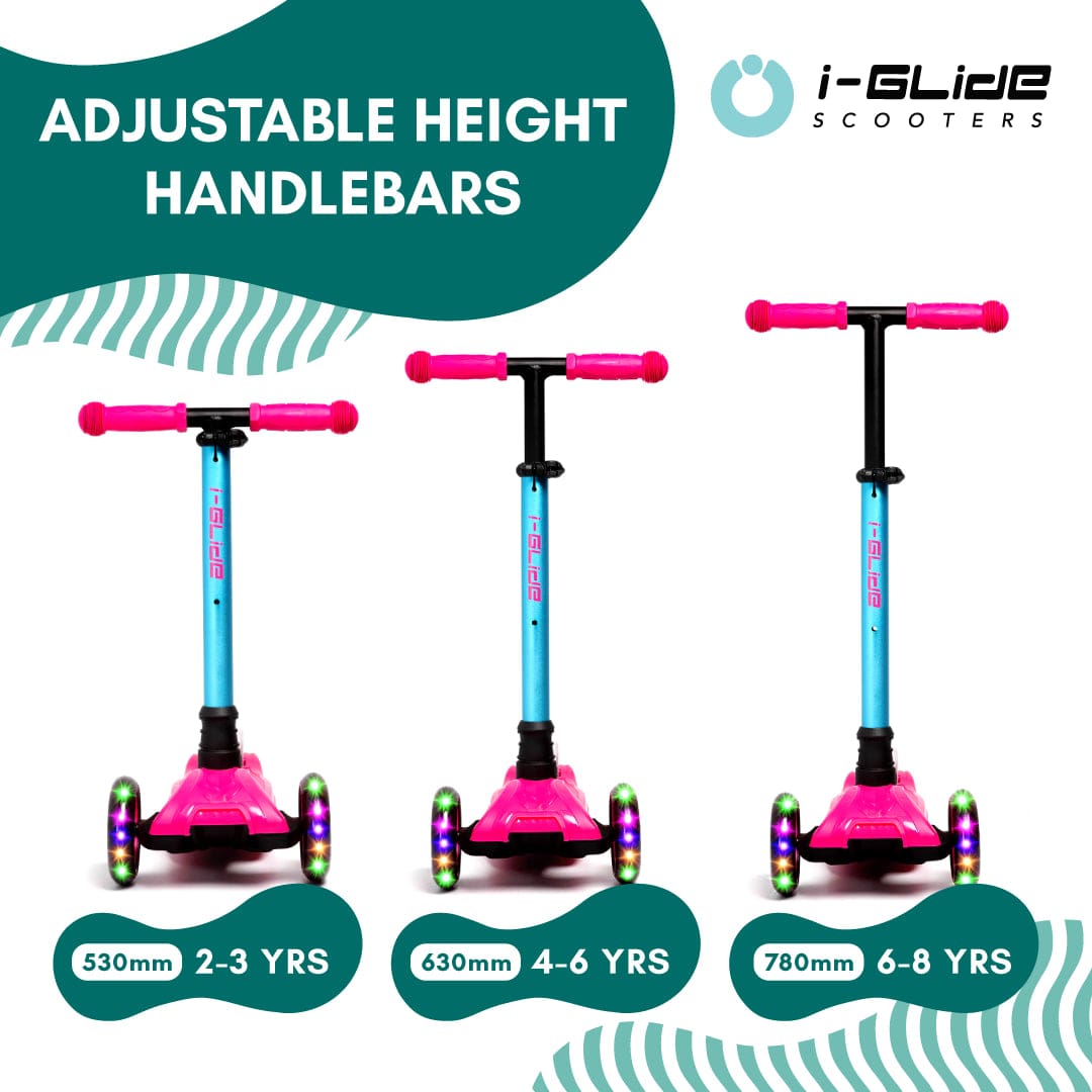 The i-Glide 3-Wheel LED Kids Scooter by I-Glide is available in vibrant pink and aqua. Ideal for children aged 2-3, 4-6, and 6-8 years, these scooters feature adjustable handlebars with heights of 530mm, 630mm, and 780mm. Each scooter comes with glowing wheels for an extra touch of flair.