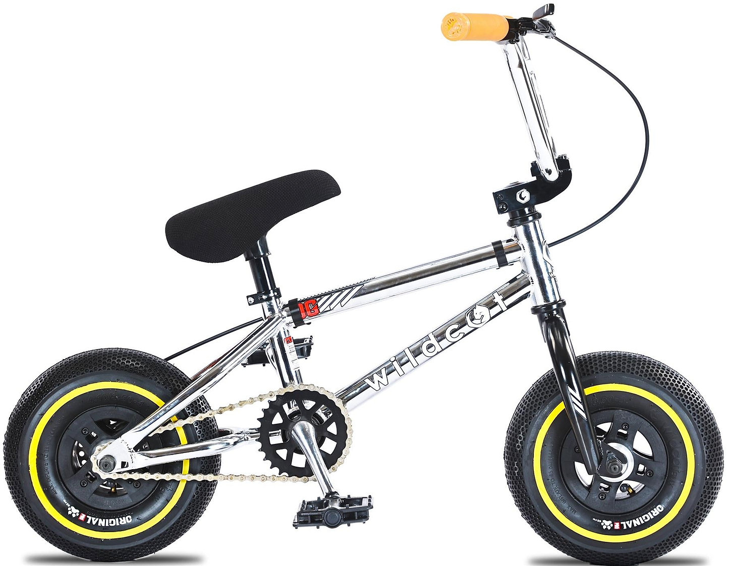 The Wildcat OG 3A Mini BMX Bike - Galaxy Yellow features a small silver frame, black handlebars and seat, yellow-accented tires, and "Wildcat" branding. Its modern, sturdy design makes it a perfect lightweight BMX for young skatepark riders.