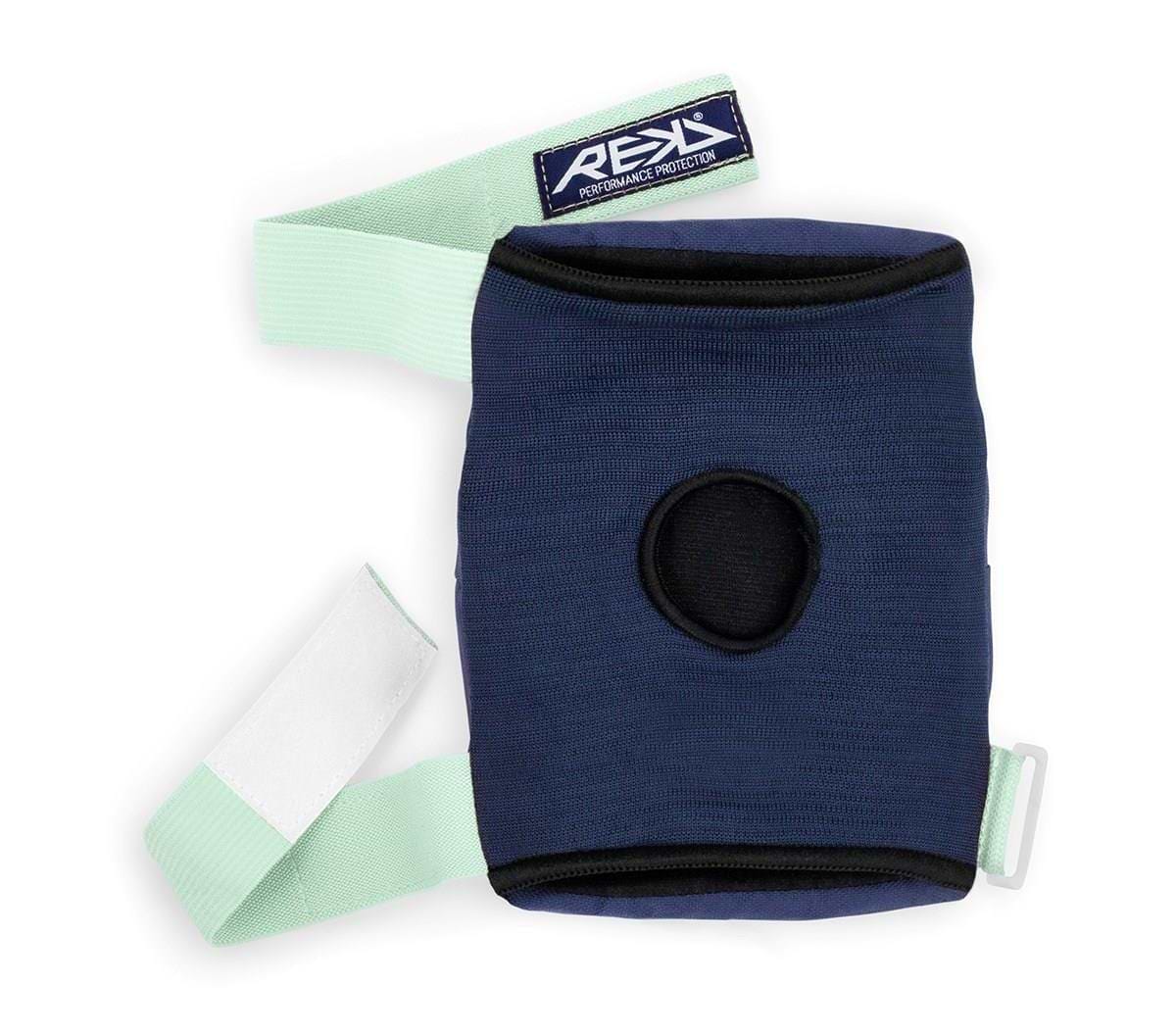 The REKD Heavy Duty Triple Skate Protection Pad Set in blue and mint features a navy blue knee pad with a circular opening in the center, complemented by a light green adjustable strap with Velcro closure for secure wear. The strap displays a patch that reads "REYX Performance Protection," ensuring optimal heavy-duty protection.