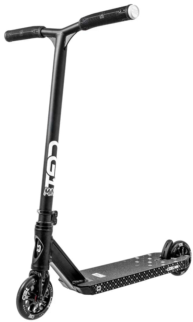 The CORE CG1 Mini Complete Stunt Scooter - Black by CORE features a T-shaped handlebar, small solid wheels, and a textured grip deck with white branding—perfect for kids seeking a sleek, minimalist ride at the skatepark.