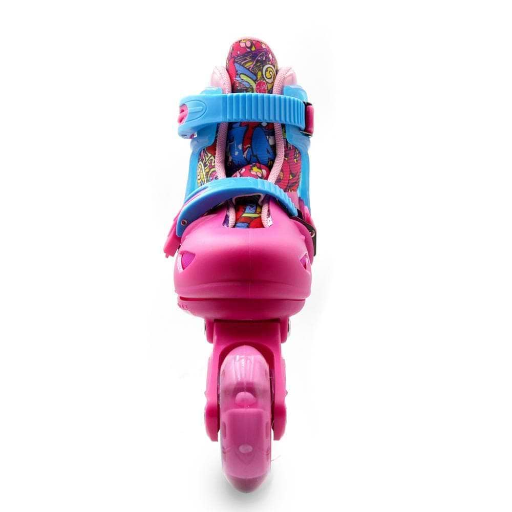 The Roces Ply Flash Adjustable Kids Inline Skates by Roces come in pink and blue, feature flashing wheels, and have a colorful patterned inner lining for extra fun.