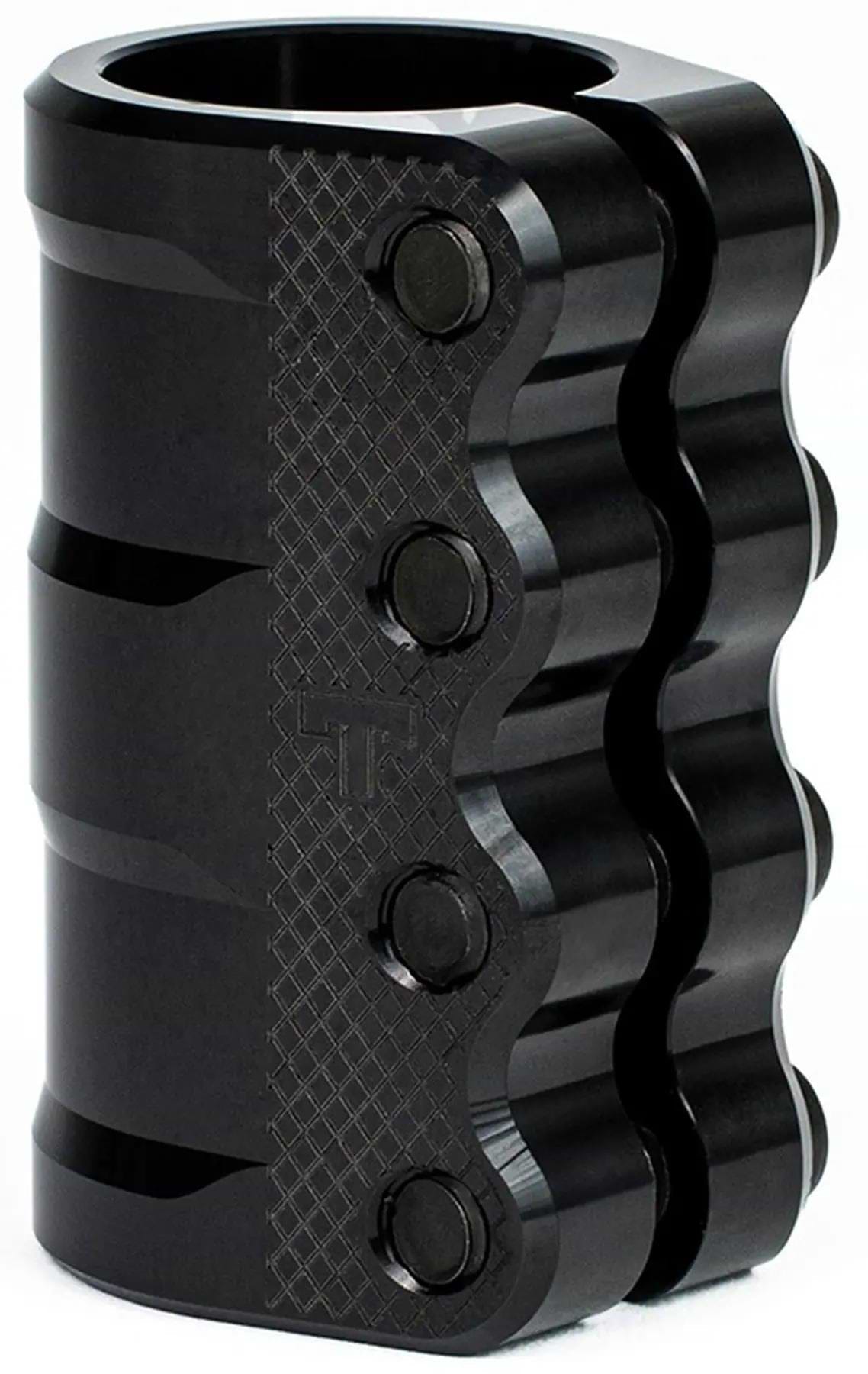 The Tilt Nikita LT 4 Bolt Standard SCS Stunt Scooter Clamp in black features a lightweight metal build, four bolt fasteners, curved edges, and a textured side grip. Designed for SCS compression systems, it delivers secure and modern performance.