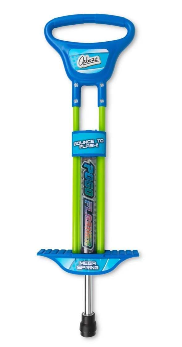 The Ozbozz Go Light Up Kids 89cm Pogo Stick - Blue is a cushioned pogo stick with blue and green lights, footrests, and handle, designed for kids by Ozbozz.