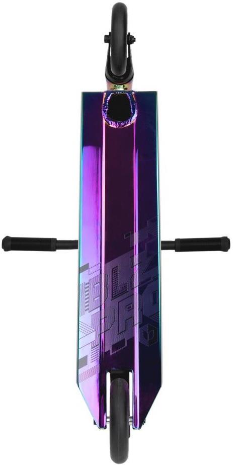 Overhead view of the Blazer Pro Outrun 3 FX Complete Stunt Scooter in neochrome, featuring black handlebars and wheels and a sleek deck—ideal as a beginner stunt scooter for the skatepark.