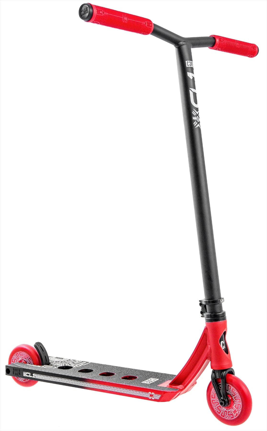 The CORE CL1 Complete Stunt Scooter - Black / Red LE by CORE features a wide handlebar, red grips and wheels, and a textured foot deck with black grip tape—sporty and modern, perfect for the skatepark.