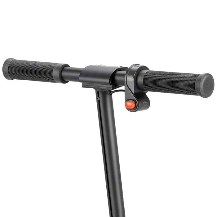 Close-up of the handlebars on the blue Xootz Enigma Lithium Electric Scooter, showing textured rubber grips and a small red thumb throttle button on the right handle.