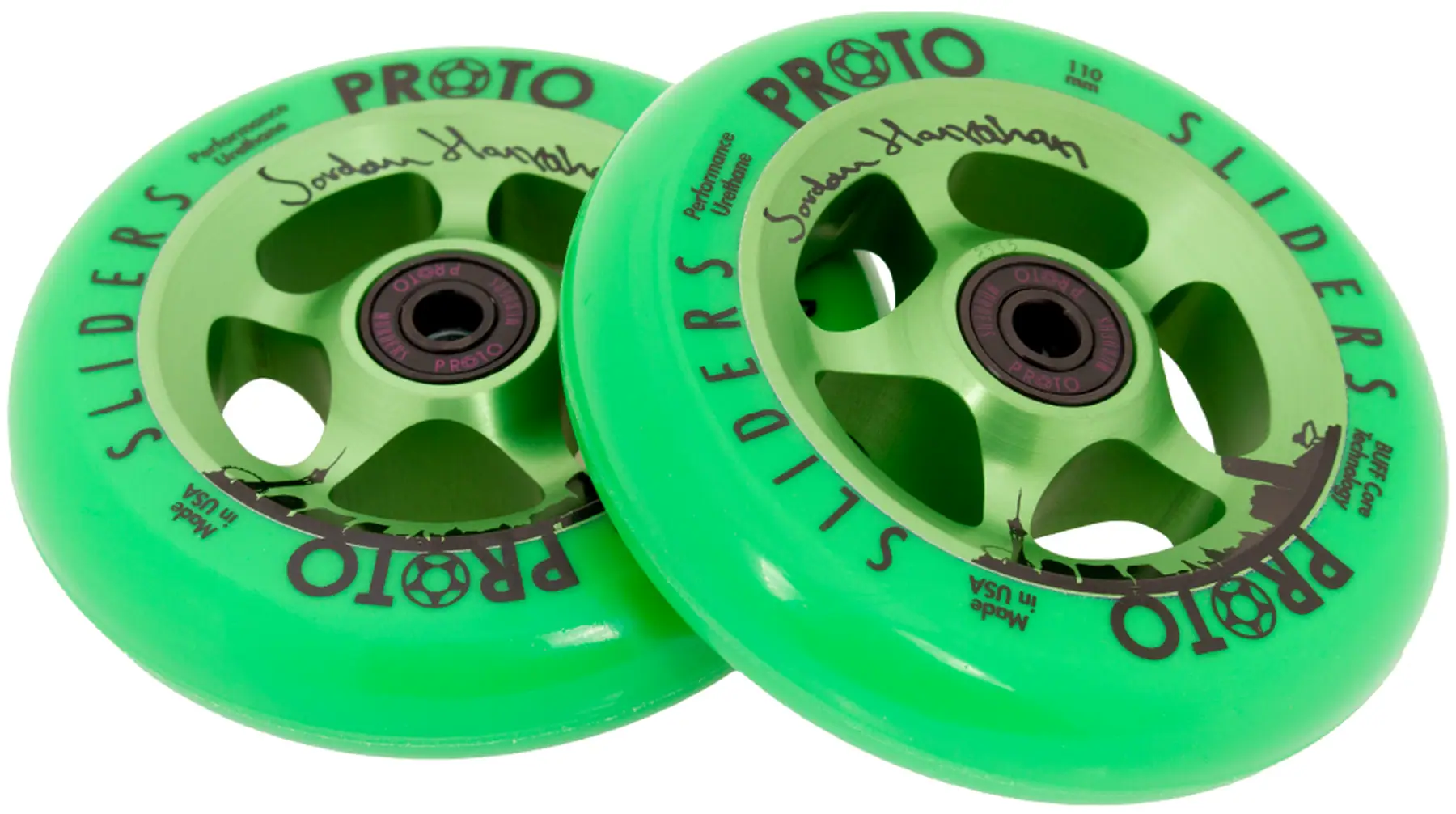 Two Proto Slider Jordan Hanrahan Signature 110mm Stunt Scooter Wheels – Sin City, with BUFF Core Technology and black bearings, are shown overlapping on a white background—ideal for stunt scooter setups.