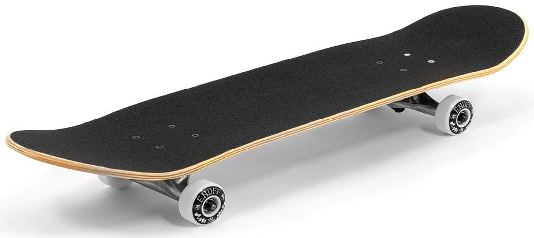 The Enuff Skully Hologram Black Complete Skateboard features black grip tape, natural wood edges, silver trucks, and white wheels with black text. Its durable 7-ply maple deck is perfectly angled for entry-level skaters, measuring 7.75" x 31.5".