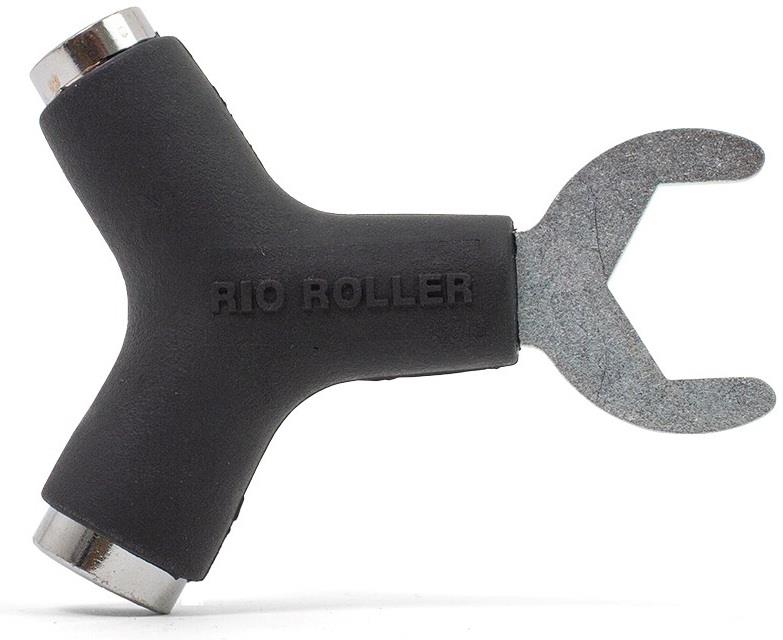 The Rio Roller Quad Roller Skate Tool - Black is a Y-shaped tool with "RIO ROLLER" embossed on the handle, featuring metal wrench and socket ends for adjusting Rio Roller skate components.