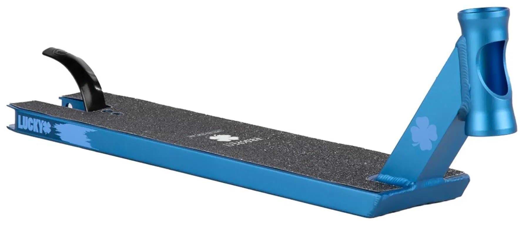 The Lucky Prospect Limited Edition Royal Blue Stunt Scooter Deck (5" x 20") by Lucky features black grip tape, a black rear brake, and a cutout headtube, shown angled against a white background.