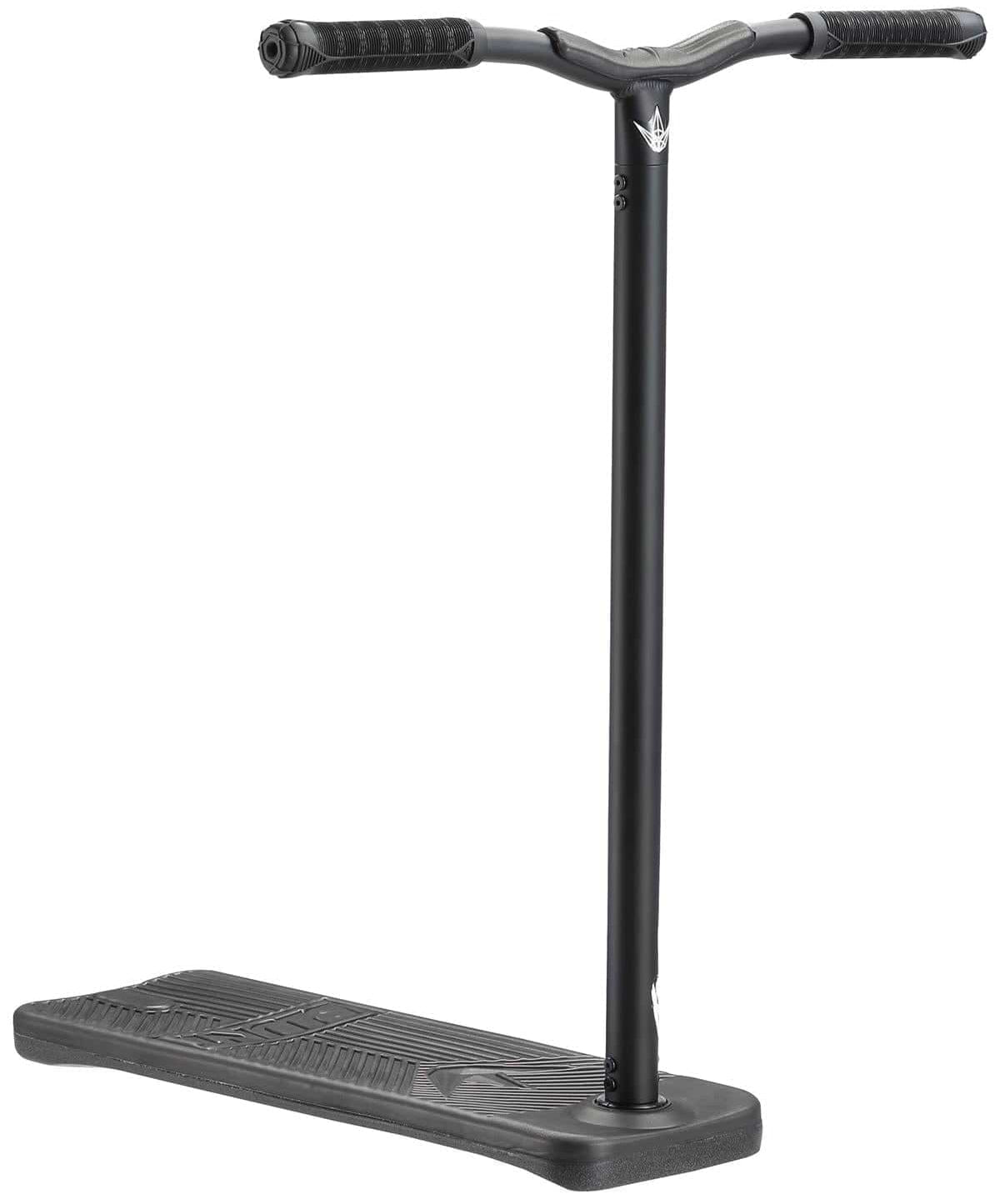 The Blunt Envy TS Pro 7.5 Indoor Trampoline Stunt Scooter in black boasts a flat deck and T-shaped handlebars. It features textured grips and a minimalist design, with adjustable height settings to ensure maximum comfort for every rider.
