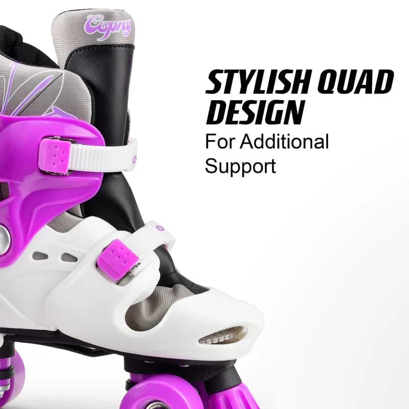 A close-up of Osprey Flower Adjustable Quad Roller Skates - Purple by Osprey, featuring adjustable straps and a stylish quad design for extra support—perfect skates for kids.