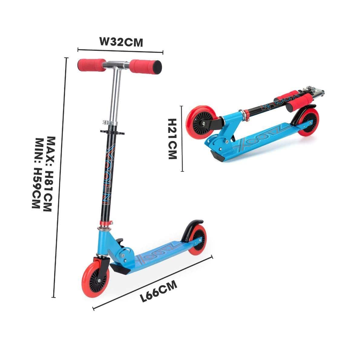 The Xootz Electron Foldable Kids Kick Scooter in blue has adjustable handlebars for growing kids and is shown both assembled and folded. It measures 81 cm fully extended, 59 cm when folded, with a width of 32 cm and length of 66 cm.