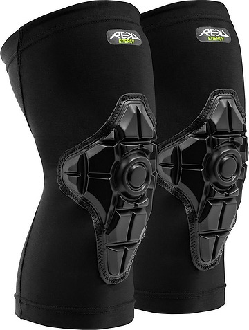 A pair of REKD Energy Knee Skate Protection Gaskets in black, featuring hard geometric shells, Energy Foam for superior impact protection, and REKD branding—ideal for knee skate protection.