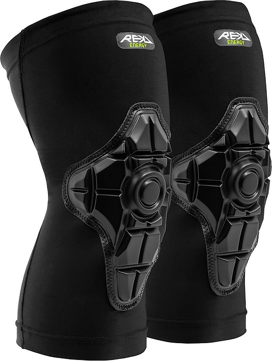 A pair of REKD Energy Knee Skate Protection Gaskets in black, featuring hard geometric shells, Energy Foam for superior impact protection, and REKD branding—ideal for knee skate protection.