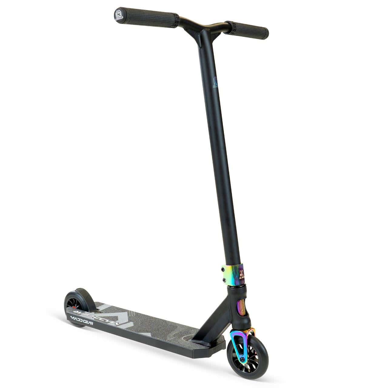 The Madd Gear MG 5 Axion Complete Stunt Scooter in Black/Neochrome features a tall handlebar, graphic black deck, small wheels, and a metallic neochrome clamp—ideal for action sports innovation.