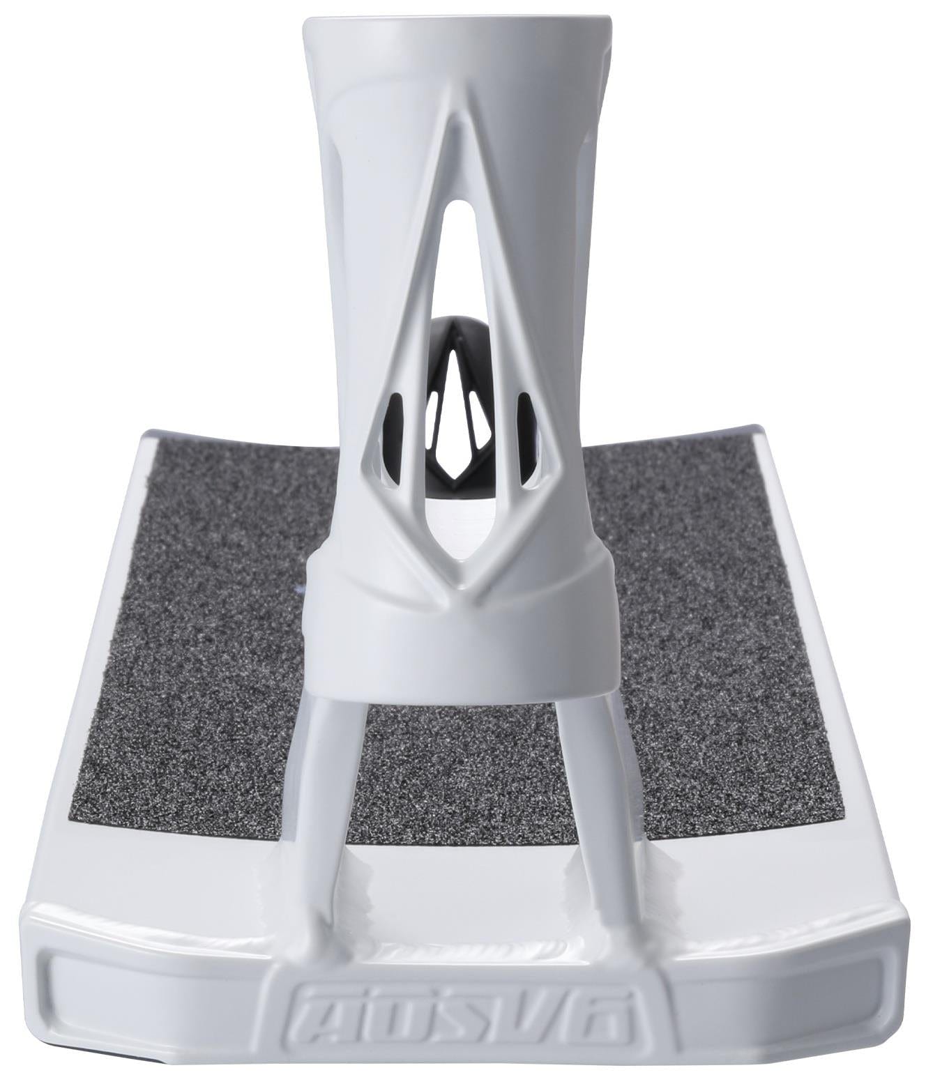 A close-up of the Blunt Envy AOS V6 Jack Churchward Signature Stunt Scooter Deck (6" x 22") in white with black grip tape, featuring a geometric neck cutout and "OSVG" embossed on the front.