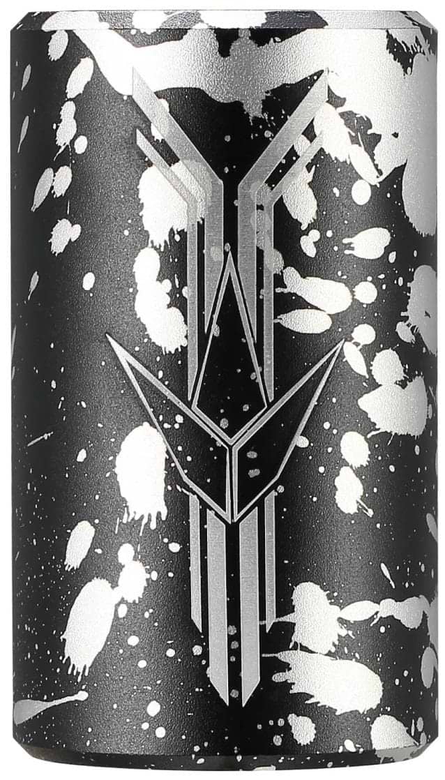 The Blunt Envy Omen 4 Bolt Oversized SCS Stunt Scooter Clamp - Splatter features a black can with a white splatter paint design and a silver geometric logo—ideal for stunt scooter clamp or SCS compression fans.