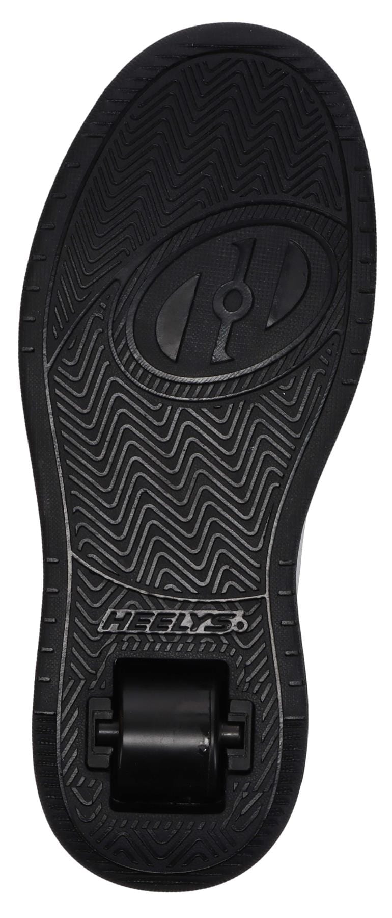 The image shows the underside of a Heelys x Hello Kitty Kama HKC Girls Shoe in light pink, black, and white, featuring a single wheel in the heel and a textured zigzag sole with "HEELYS" visible near the heel.