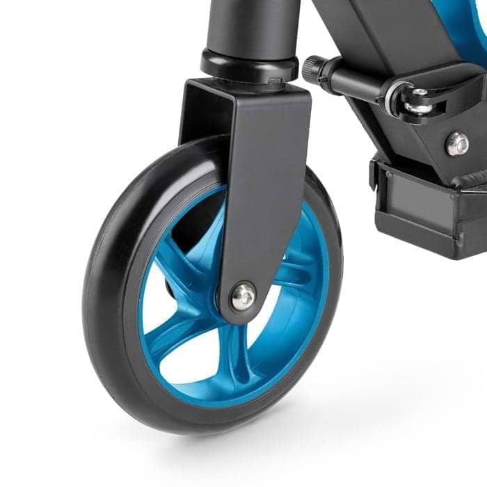 Close-up of the Xootz Enigma Lithium Electric Scooter in blue, showing its blue and black caster wheel attached to the frame, glossy finish, detailed construction, and foldable design.