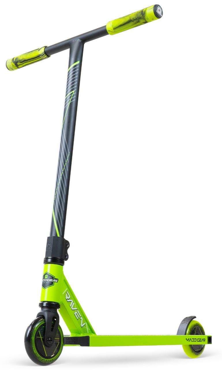 The Madd Gear MG 1 Raven Complete Stunt Scooter in lime and black features two small wheels, wide handlebars with green grips, and Madd Gear branding—ideal as a kids scooter for tricks and fun.