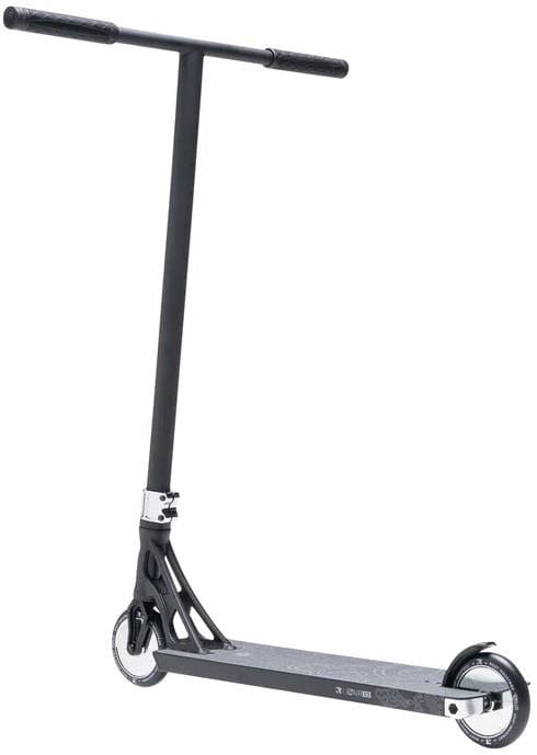 The Root Industries AIR RS V3 Complete Stunt Scooter in black features a flat deck, two small metal wheels, and a tall straight handlebar. Lightweight and built for performance, this stylish scooter is shown against a white background.