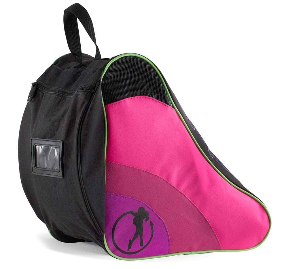 Introducing the SFR Ice & Skate Bag II - Disco by SFR: a stylish black and pink backpack featuring a unique curved design, ideal for carrying roller skates. The pink section is elegantly adorned with a silhouette of a person holding a hockey stick. This versatile bag also includes a convenient top handle and a small transparent side pocket for skate accessories.