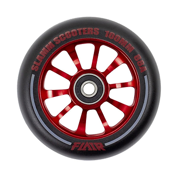 The Slamm Flair 2.0 100mm Stunt Scooter Wheel in red, featuring "SLAMM SCOOTERS 100MM 88A" on the rim and smooth ABEC-9 chrome bearings, is perfect for your stunt scooter.