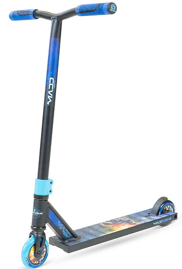 The Madd Gear MG 2 Obsidian Complete Stunt Scooter – Horizon is a sturdy scooter for kids, featuring blue grips, a T-bar handle, graphic deck, and two small wheels—ideal as their first pro stunt scooter.