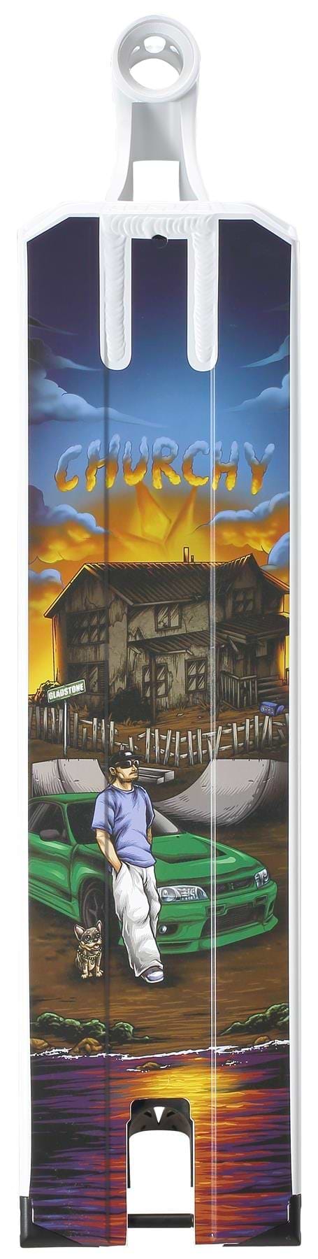 The Blunt Envy AOS V6 Jack Churchward Signature Stunt Scooter Deck (6" x 22") features "CHURCHY," a man in a cap and sunglasses by a green car, a small dog, an old house, and sunset sky reflected on water.