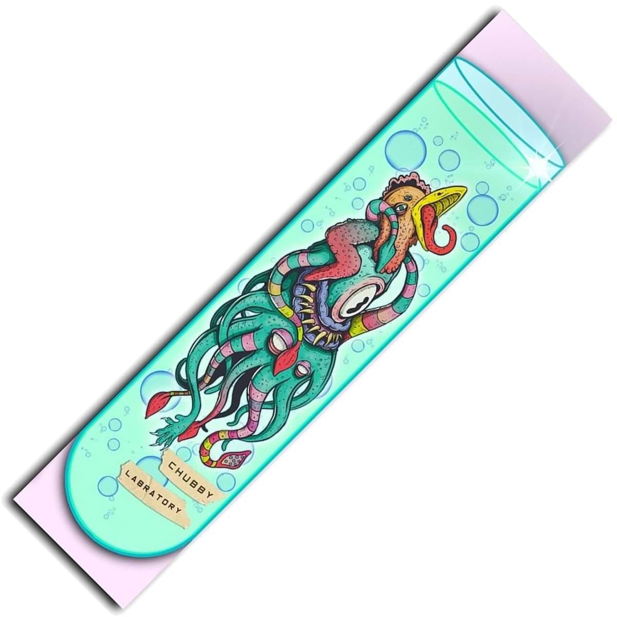 A vibrant griptape from Chubby, the Stunt Scooter Griptape - Chicken Lab showcases an imaginative design with a hybrid creature featuring a bird's head and octopus tentacles, surrounded by bubbles. This colorful and fantasy-inspired accessory enhances your style for skatepark adventures.