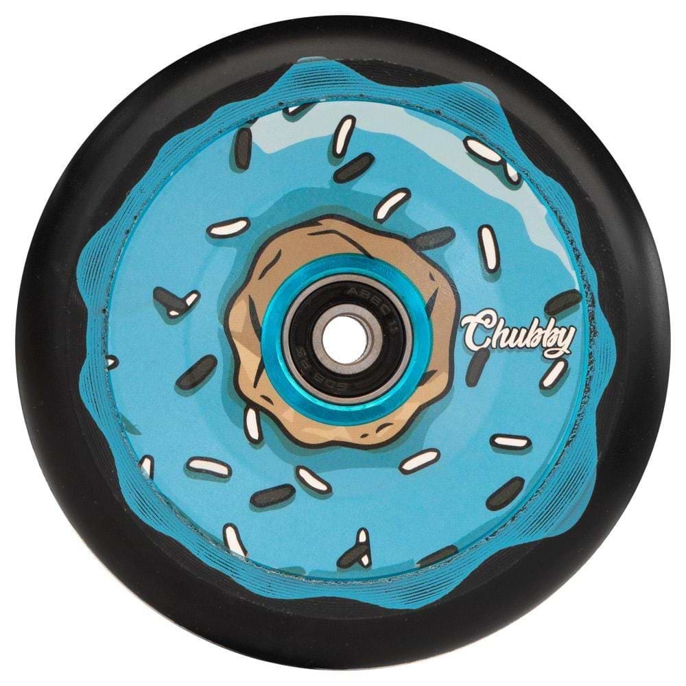 Close-up of the Chubby Doughnut 110mm Hollowcore Stunt Scooter Wheel in Oreo Blue, highlighting its playful donut design. The wheel features a blue icing pattern with white sprinkles and a brown center, resembling a real donut. The name "Chubby" is visible on the right side, accentuating its lightweight and fun aesthetic.